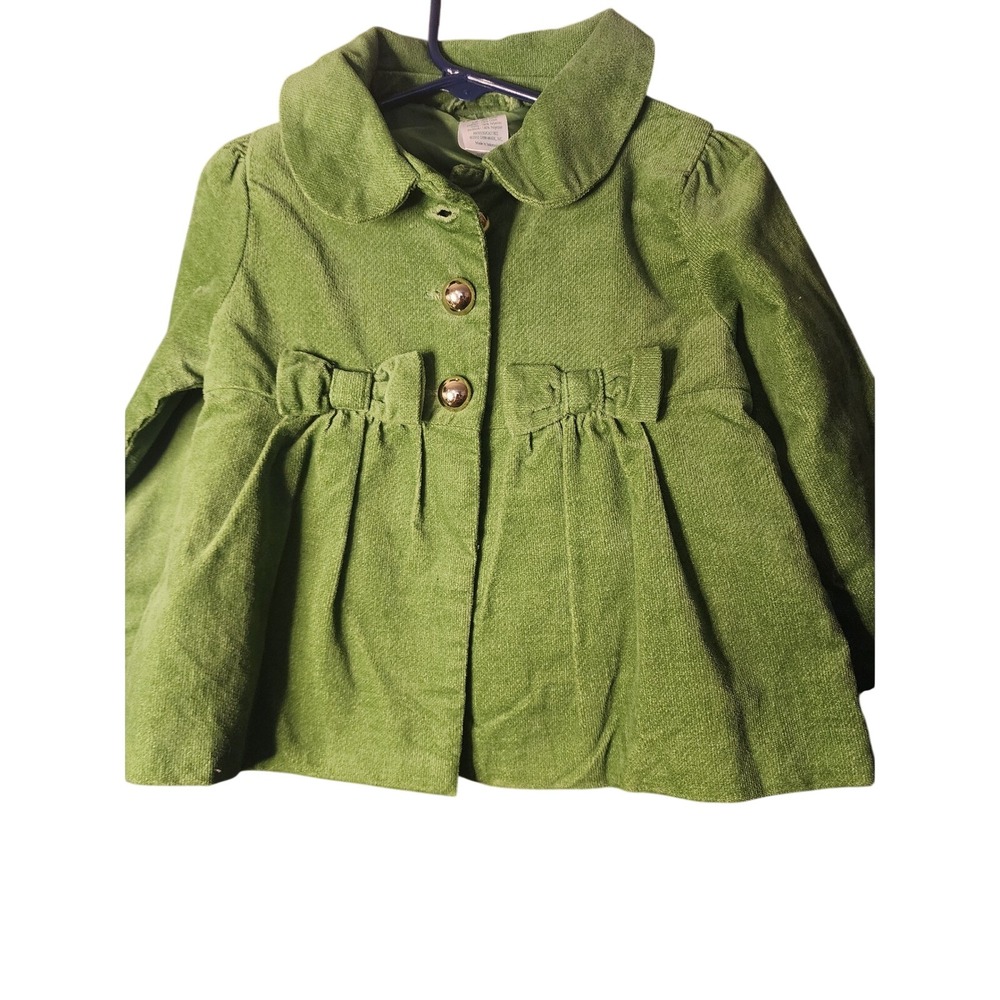 Gymboree Girls Green Corduroy Peacoat Peter Pan Collar Bow Detail Jacket 2T-3T